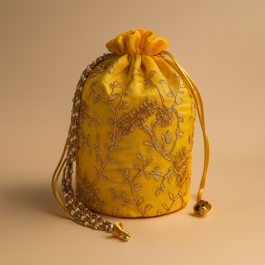 Cotton Potli Bag with Embroidery and Pearl Detailing