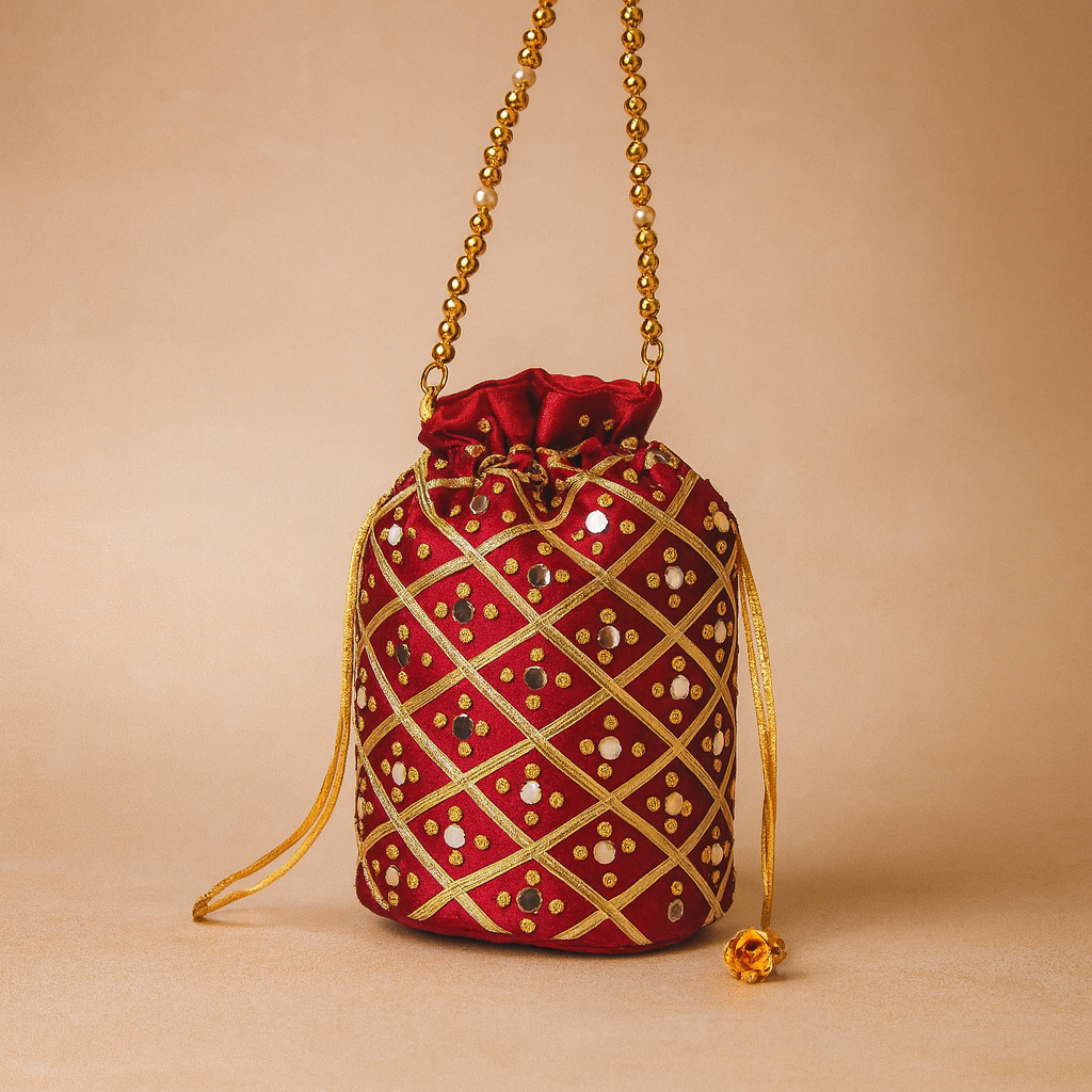 Cotton Red Potli Bag with Mirror Work and Beads