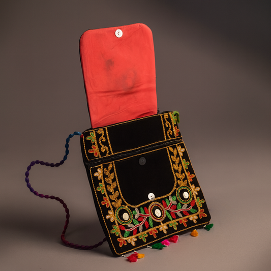 Cotton Crossbody Bag Black Embroidered Shoulder Purse