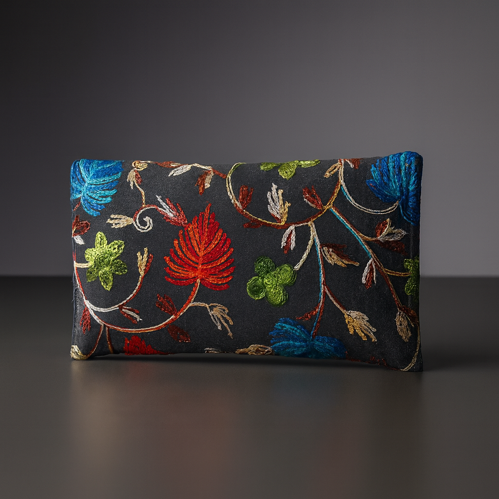 Embroidered Grey Clutch Bag with Golden Chain for Women