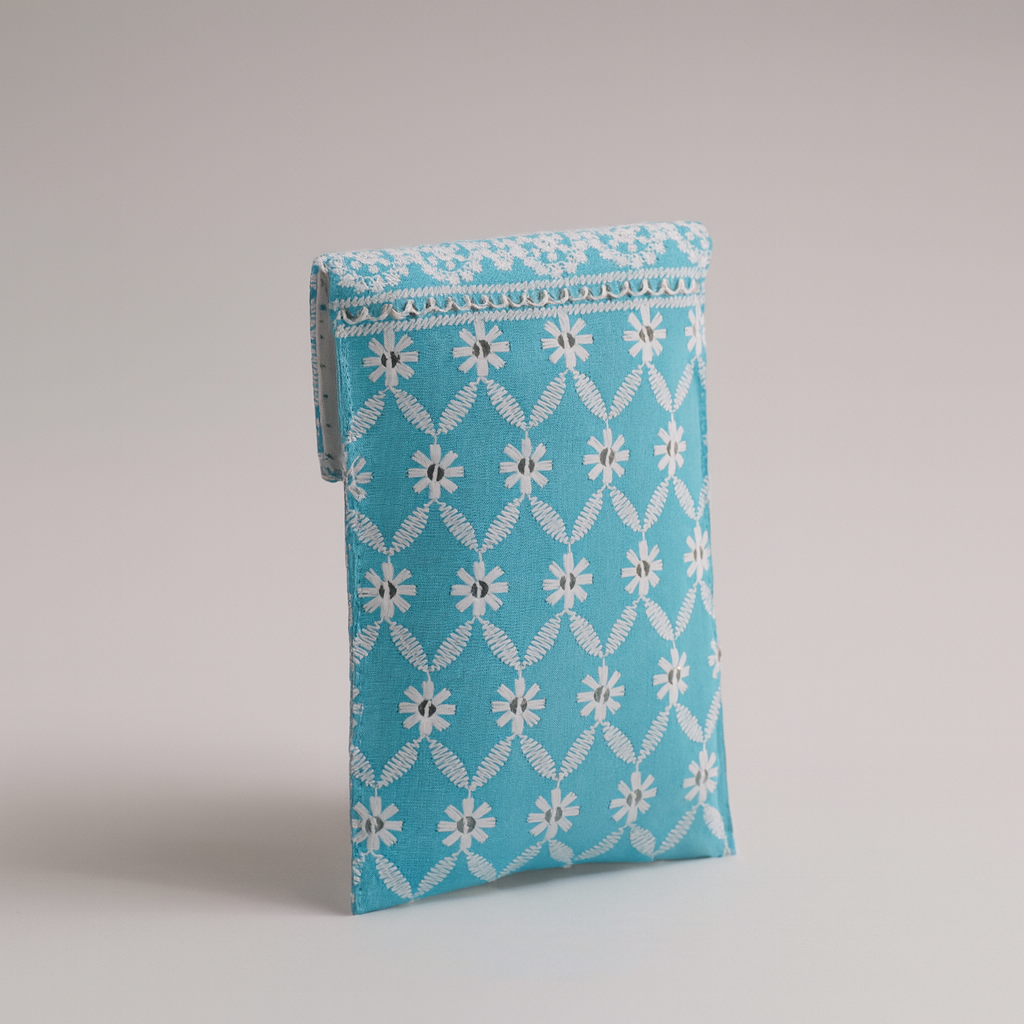 Cotton Sling Bag Sky Blue with Embroidery and Golden Strap