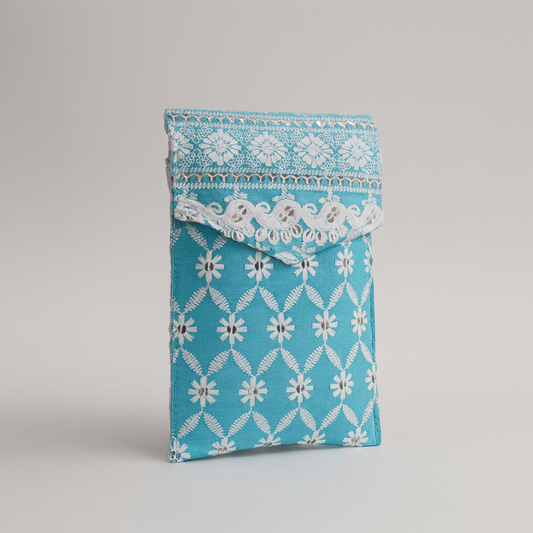Cotton Sling Bag Sky Blue with Embroidery and Golden Strap