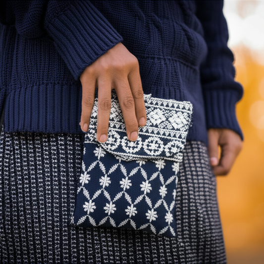 Cotton Sling Bag Navy Blue with Embroidery and Golden Strap