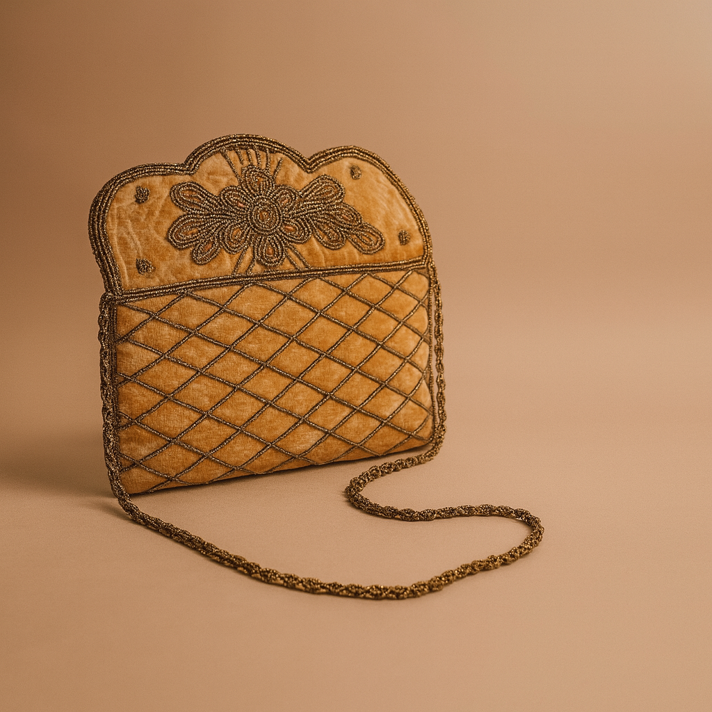 Velvet Beaded Clutch Bag with Chain Strap