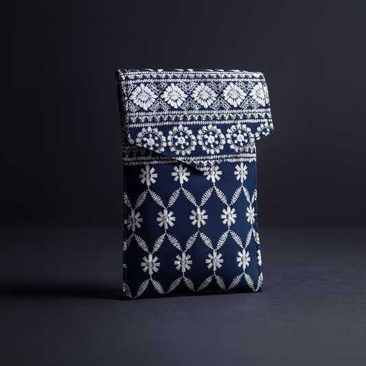 Cotton Sling Bag Navy Blue with Embroidery and Golden Strap