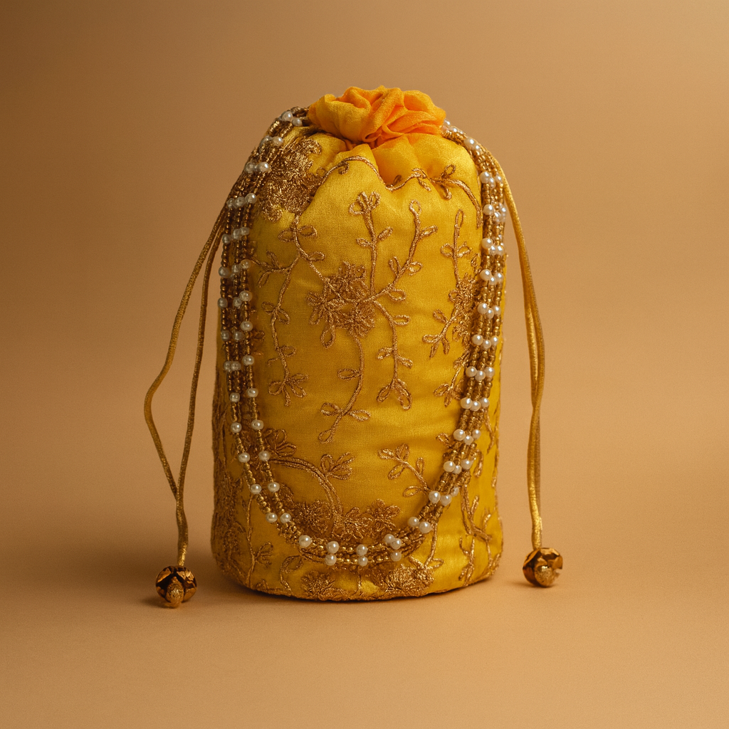 Cotton Potli Bag with Embroidery and Pearl Detailing
