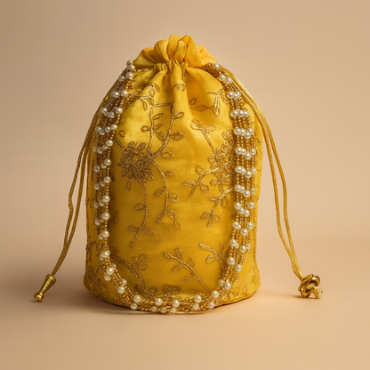 Cotton Potli Bag with Embroidery and Pearl Detailing