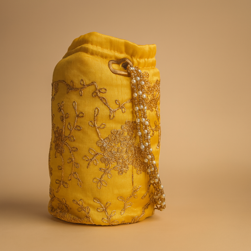 Cotton Potli Bag with Embroidery and Pearl Detailing