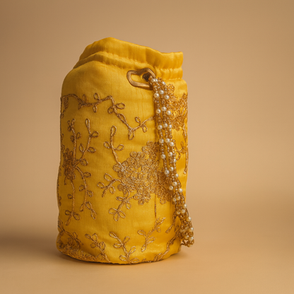 Cotton Potli Bag with Embroidery and Pearl Detailing