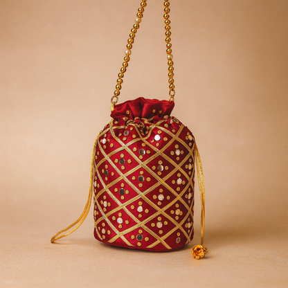 Cotton Red Potli Bag with Mirror Work and Beads