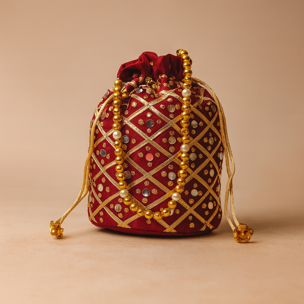 Cotton Red Potli Bag with Mirror Work and Beads