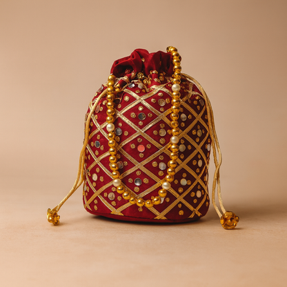 Cotton Red Potli Bag with Mirror Work and Beads