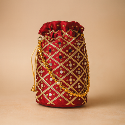 Cotton Red Potli Bag with Mirror Work and Beads