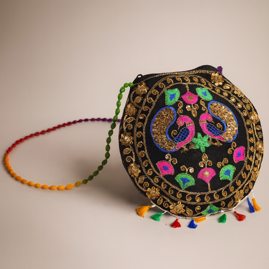 Cotton Cross Body Bag Embroidered Peacock Design with Colorful Tassels