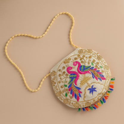 Cotton Cross Body Bag Embroidered Bird Design with Colorful Tassels