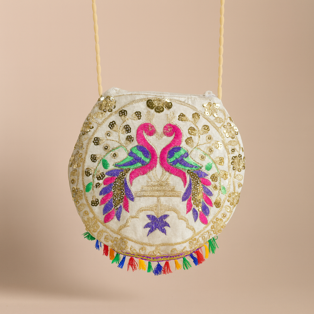 Cotton Cross Body Bag Embroidered Bird Design with Colorful Tassels