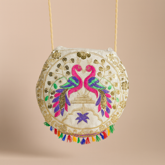 Cotton Cross Body Bag Embroidered Bird Design with Colorful Tassels