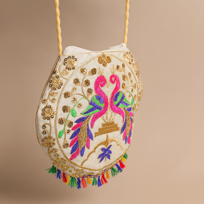 Cotton Cross Body Bag Embroidered Bird Design with Colorful Tassels