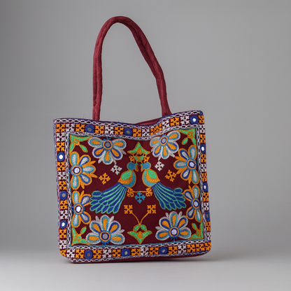 Cotton Tote Bag Embroidered Floral Design with Birds