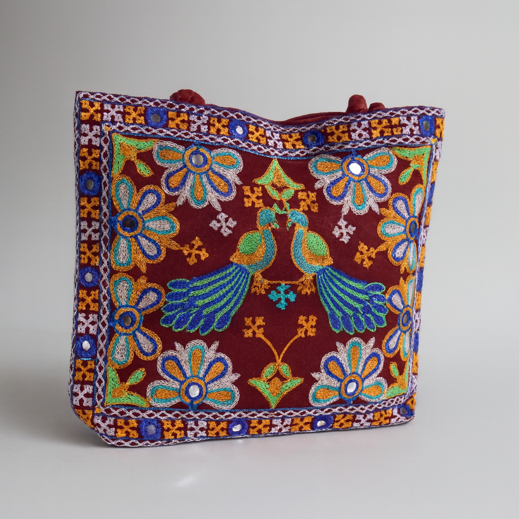 Cotton Tote Bag Embroidered Floral Design with Birds