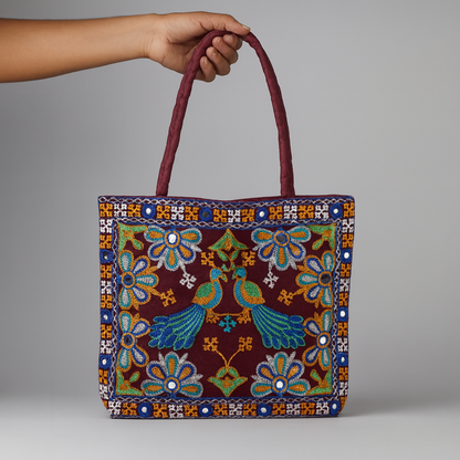 Cotton Tote Bag Embroidered Floral Design with Birds