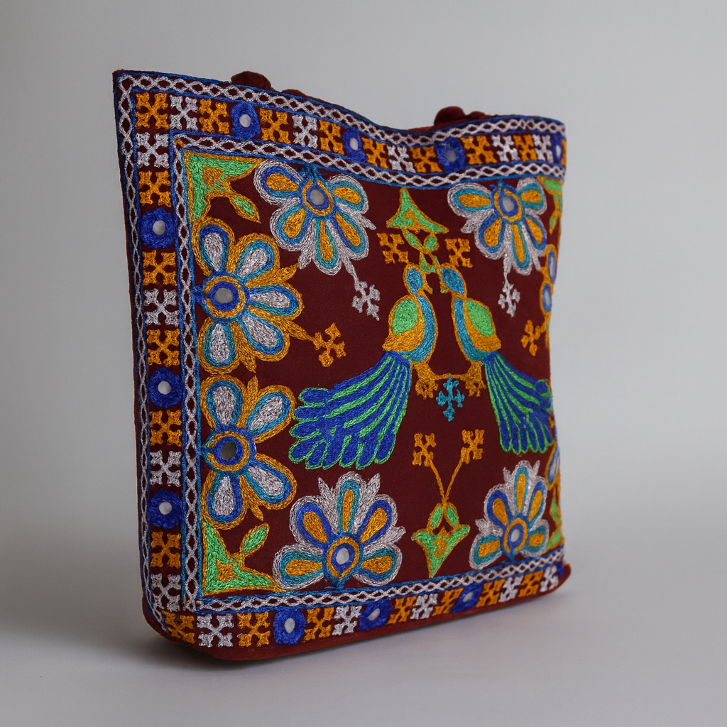 Cotton Tote Bag Embroidered Floral Design with Birds