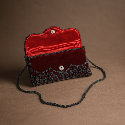 Red Beaded Clutch Bag with Floral Embroidery and Chain Strap