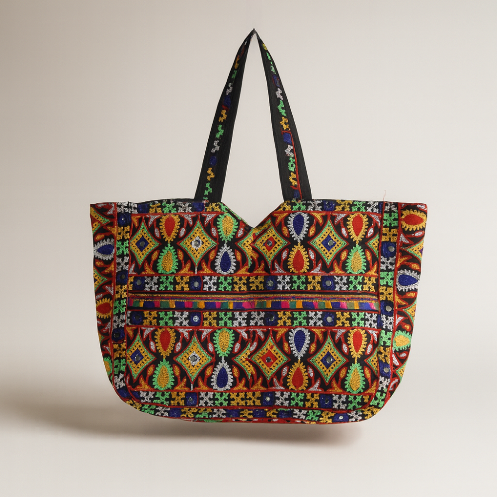Cotton Tote Bag Colorful Embroidered Large Shoulder Bag