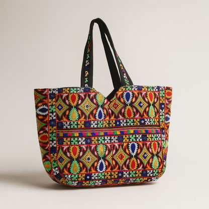 Cotton Tote Bag Colorful Embroidered Large Shoulder Bag