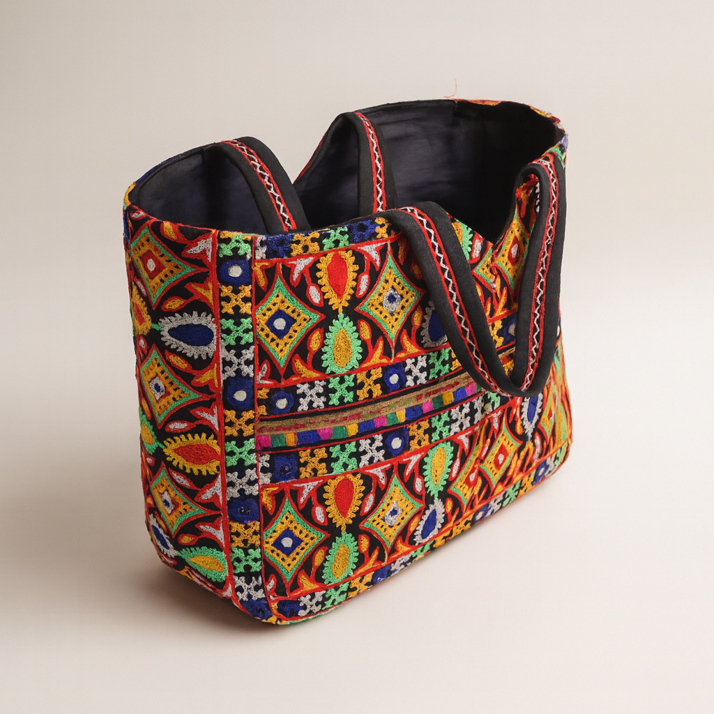 Cotton Tote Bag Colorful Embroidered Large Shoulder Bag