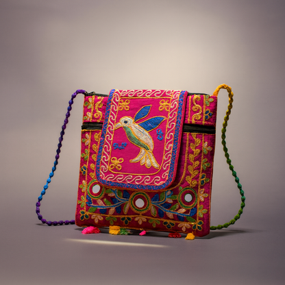 Cotton Crossbody Bag Pink Embroidered Shoulder Purse