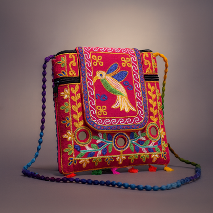 Cotton Crossbody Bag Pink Embroidered Shoulder Purse