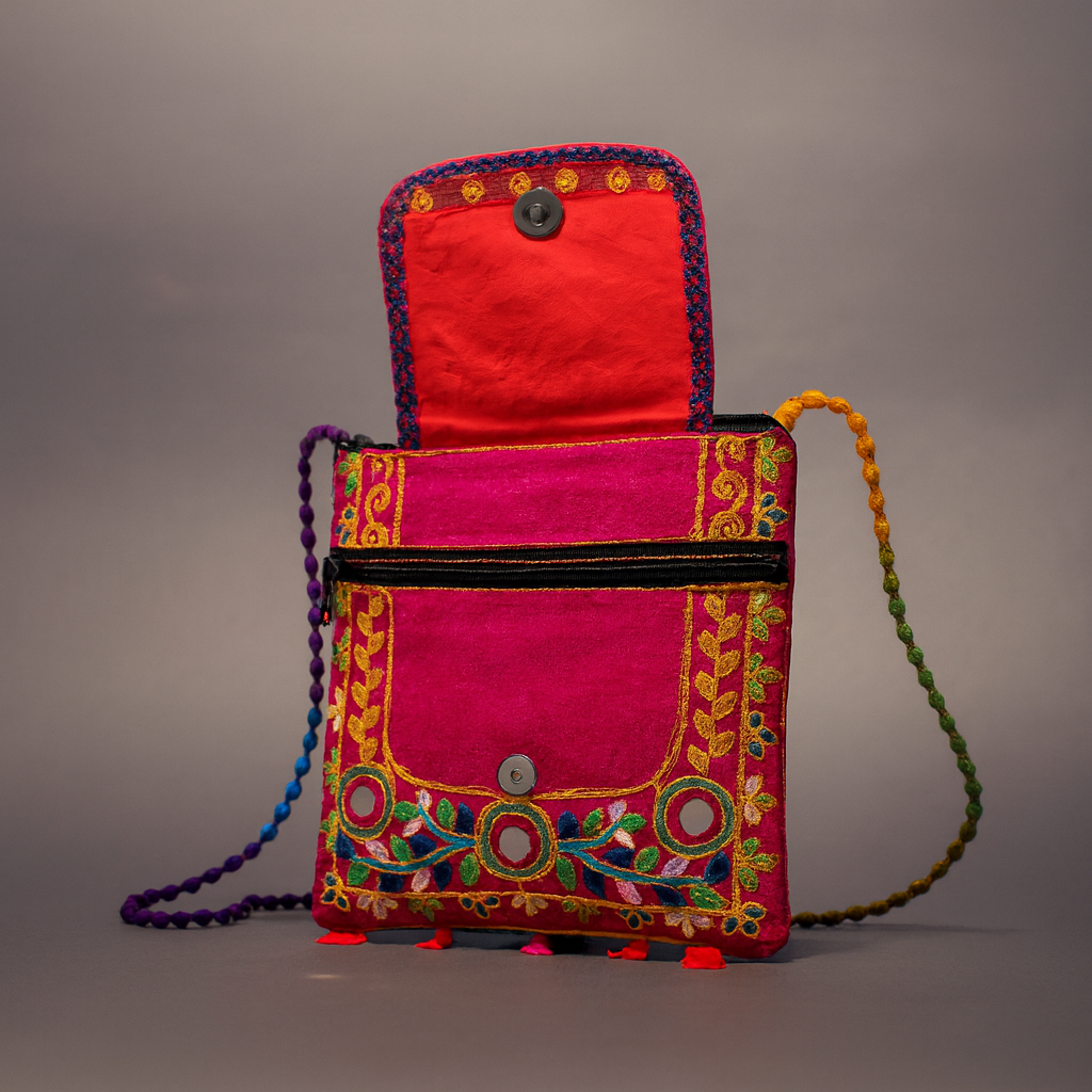 Cotton Crossbody Bag Pink Embroidered Shoulder Purse