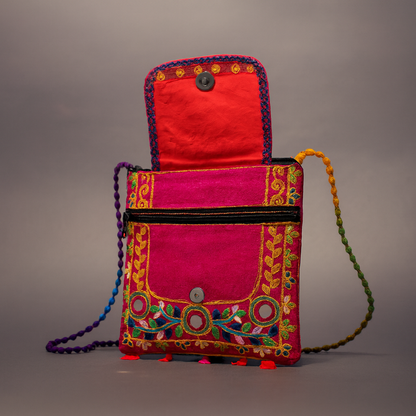 Cotton Crossbody Bag Pink Embroidered Shoulder Purse