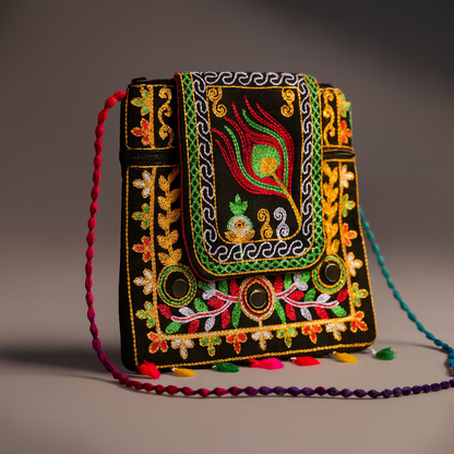 Cotton Crossbody Bag Black Embroidered Shoulder Purse