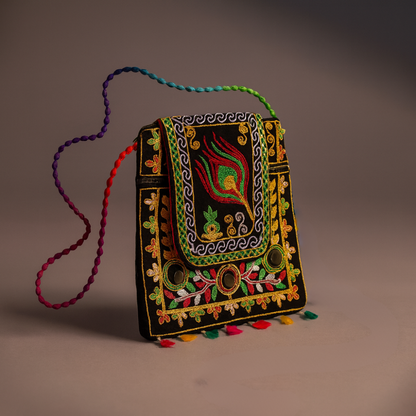 Cotton Crossbody Bag Black Embroidered Shoulder Purse