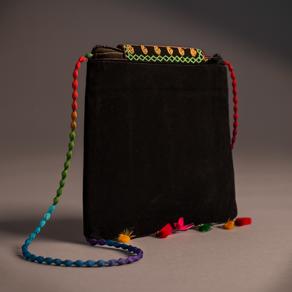 Cotton Crossbody Bag Black Embroidered Shoulder Purse