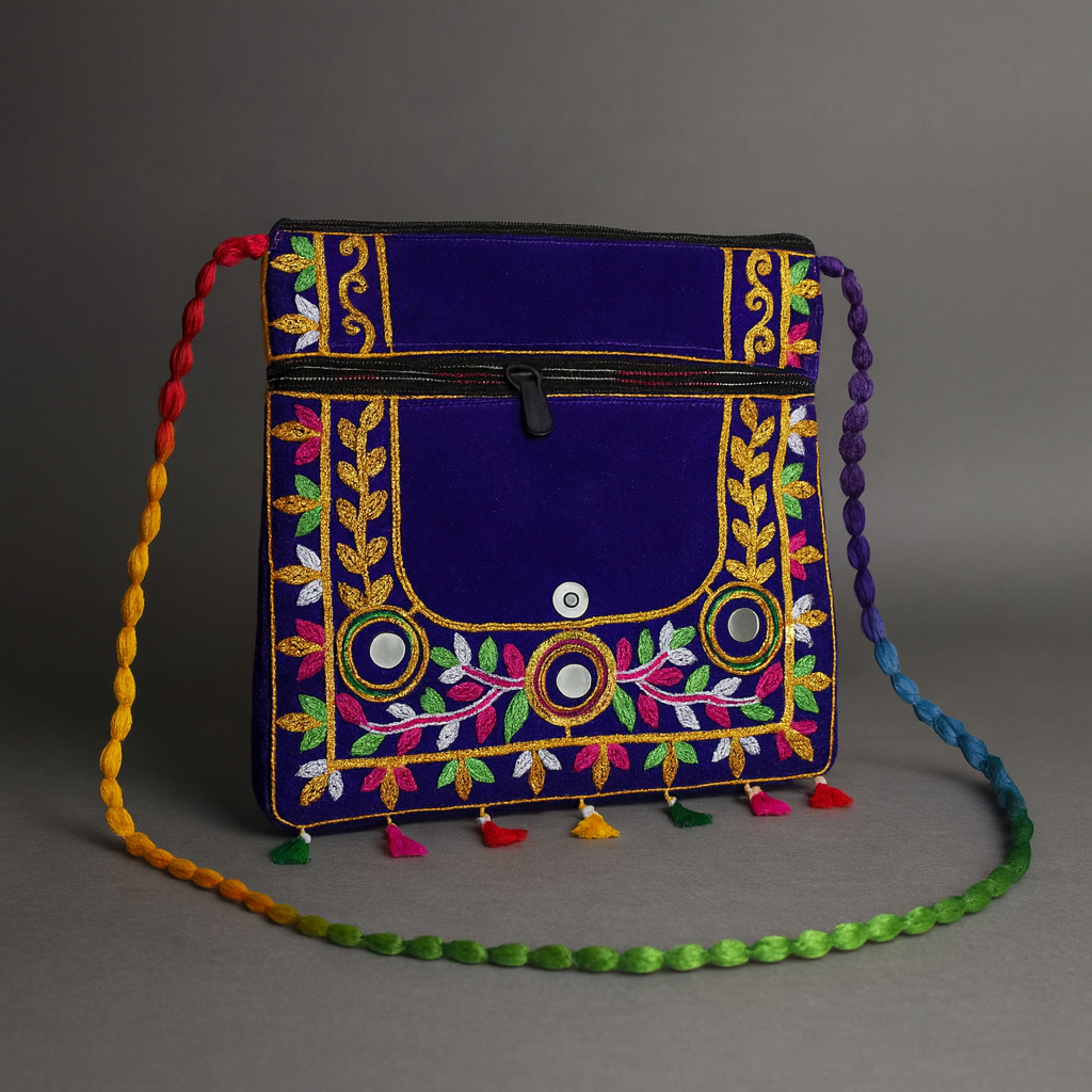 Cotton Crossbody Bag Royal Blue Embroidered Shoulder Purse