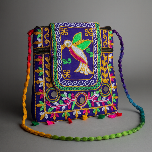 Cotton Crossbody Bag Royal Blue Embroidered Shoulder Purse