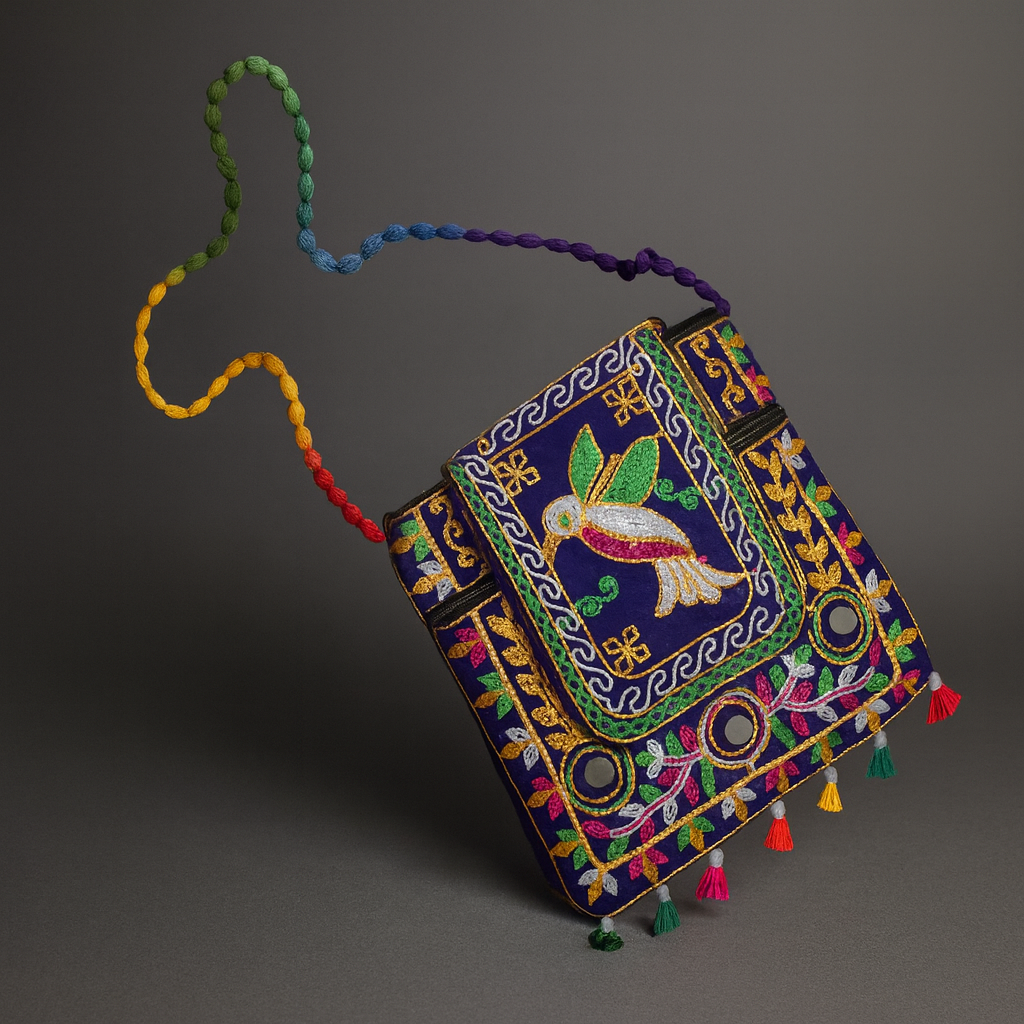 Cotton Crossbody Bag Royal Blue Embroidered Shoulder Purse