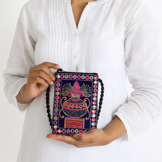 Cotton Sling Bag with Mirror Work and Beaded Strap