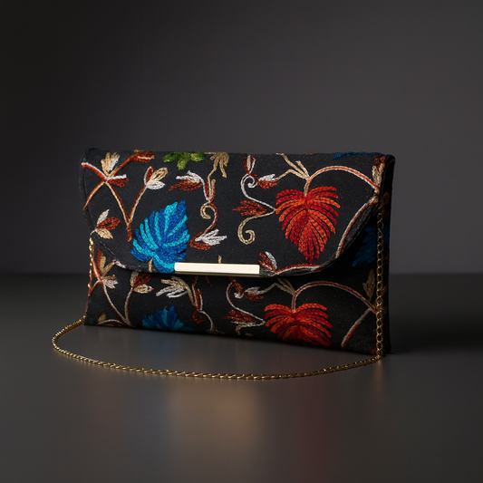 Embroidered Grey Clutch Bag with Golden Chain for Women