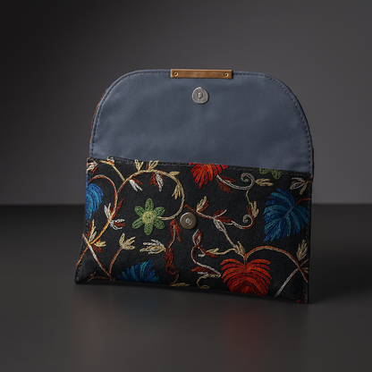 Embroidered Grey Clutch Bag with Golden Chain for Women