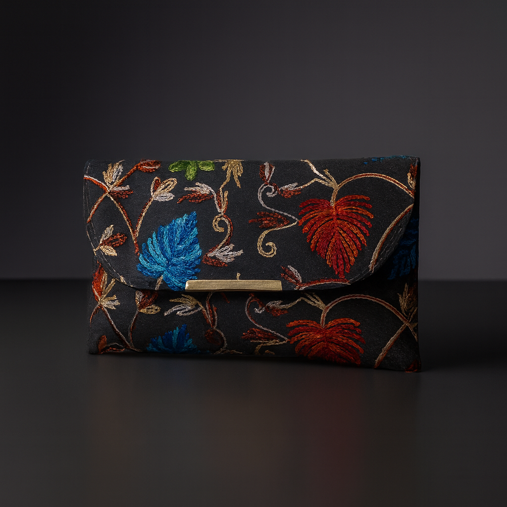 Embroidered Grey Clutch Bag with Golden Chain for Women