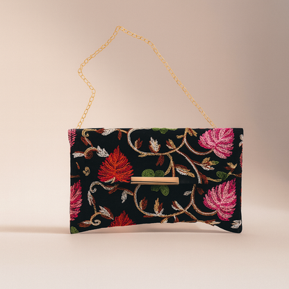 Black Clutch Bag with Golden Chain for Women