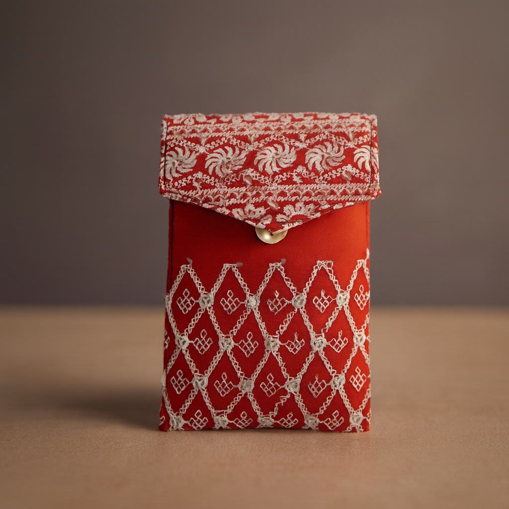 Red Cotton Sling Bag with White Embroidery and Golden Strap