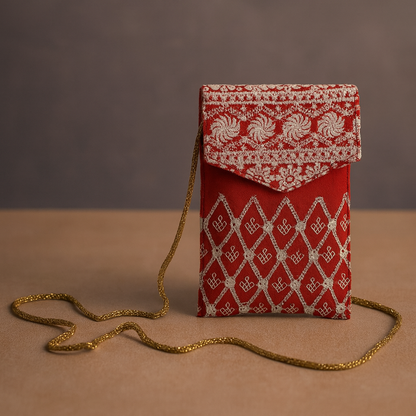 Red Cotton Sling Bag with White Embroidery and Golden Strap