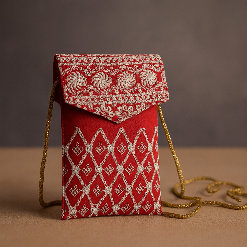 Red Cotton Sling Bag with White Embroidery and Golden Strap