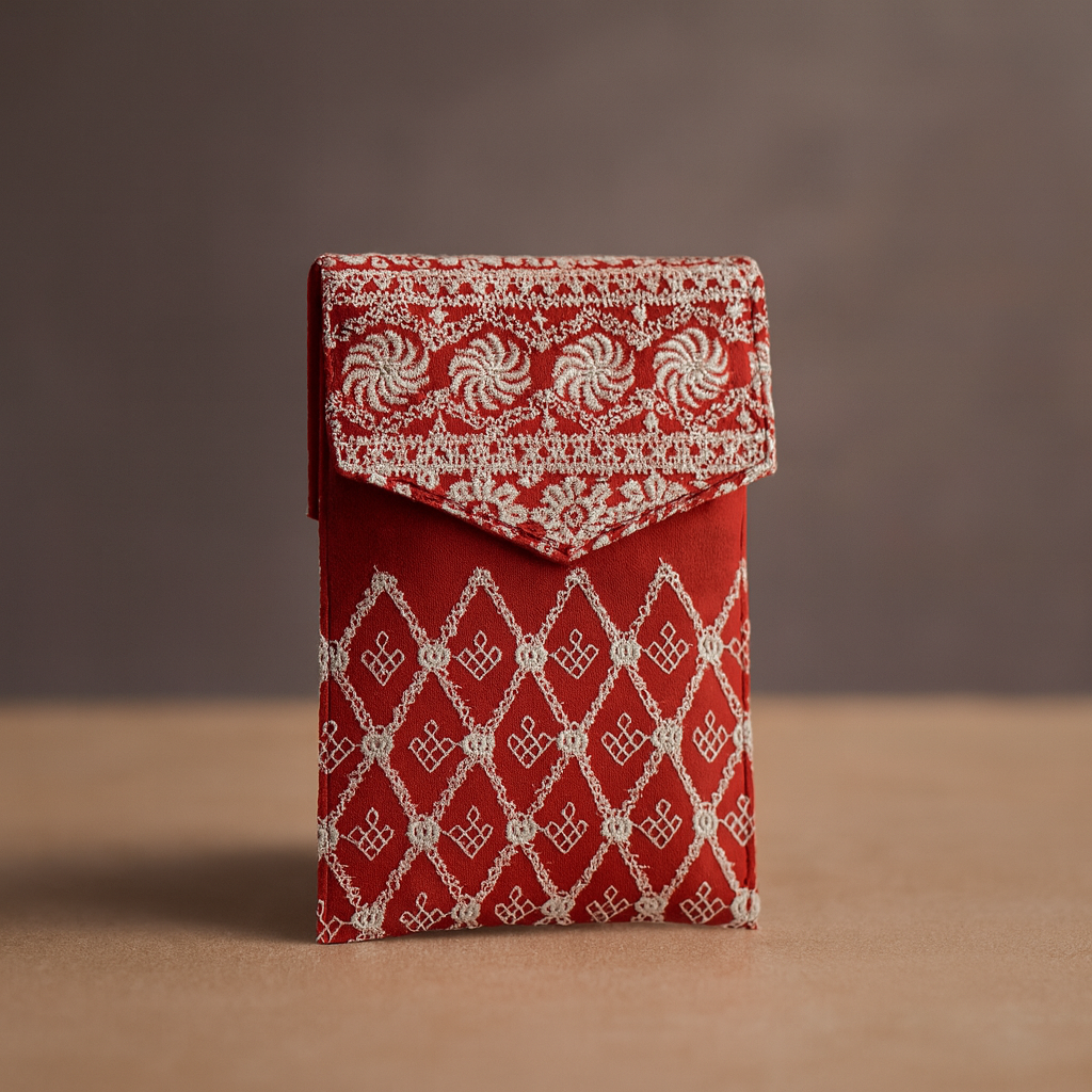 Red Cotton Sling Bag with White Embroidery and Golden Strap