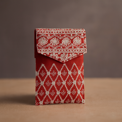 Red Cotton Sling Bag with White Embroidery and Golden Strap